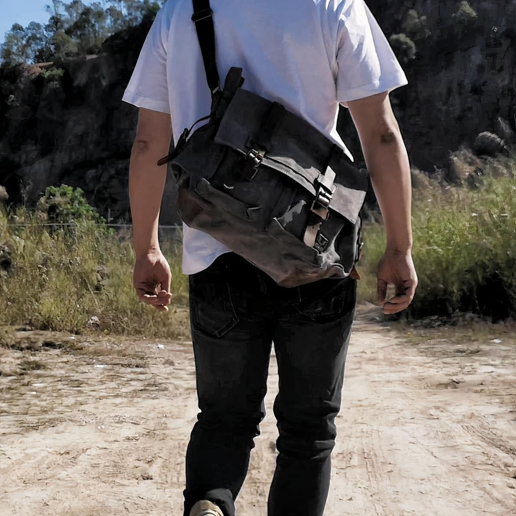 Men's Canvas Messenger Backpack with Leather Trim