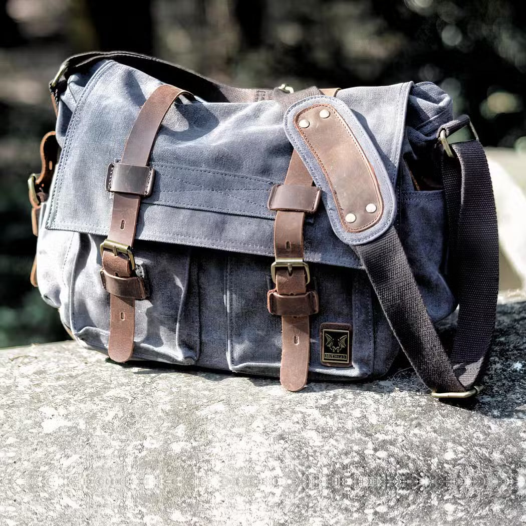 Men's Canvas Messenger Backpack with Leather Trim