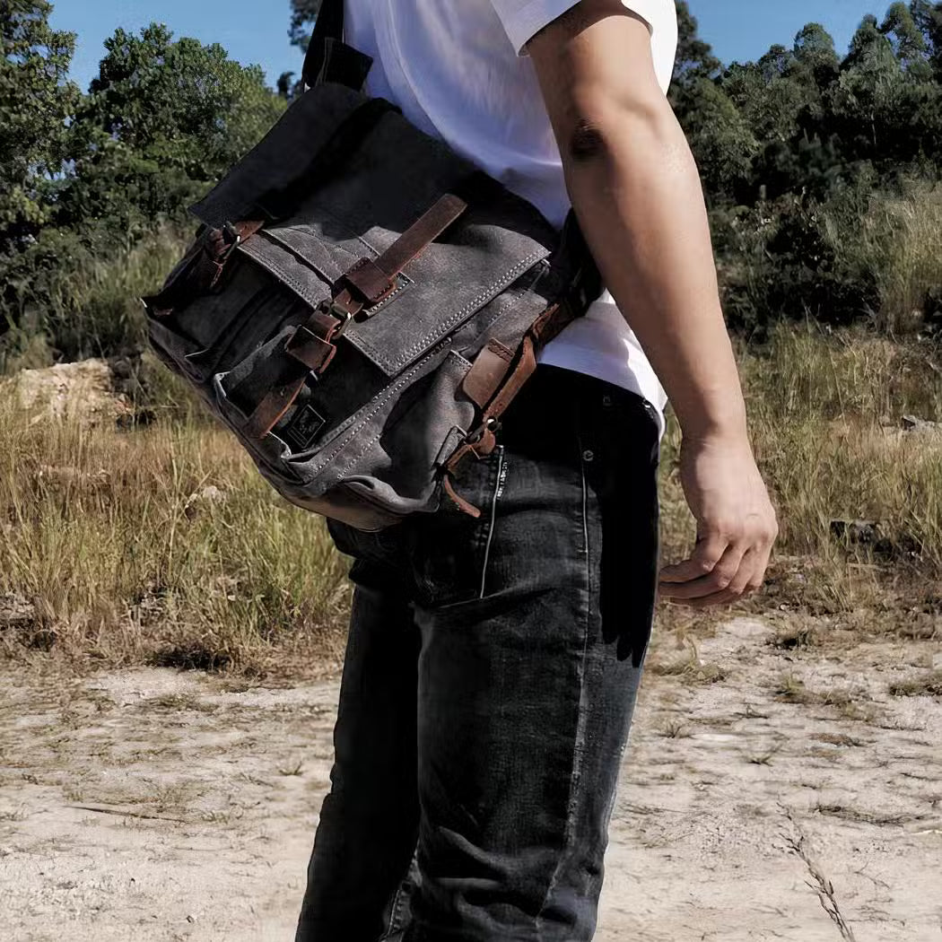 Men's Canvas Messenger Backpack with Leather Trim