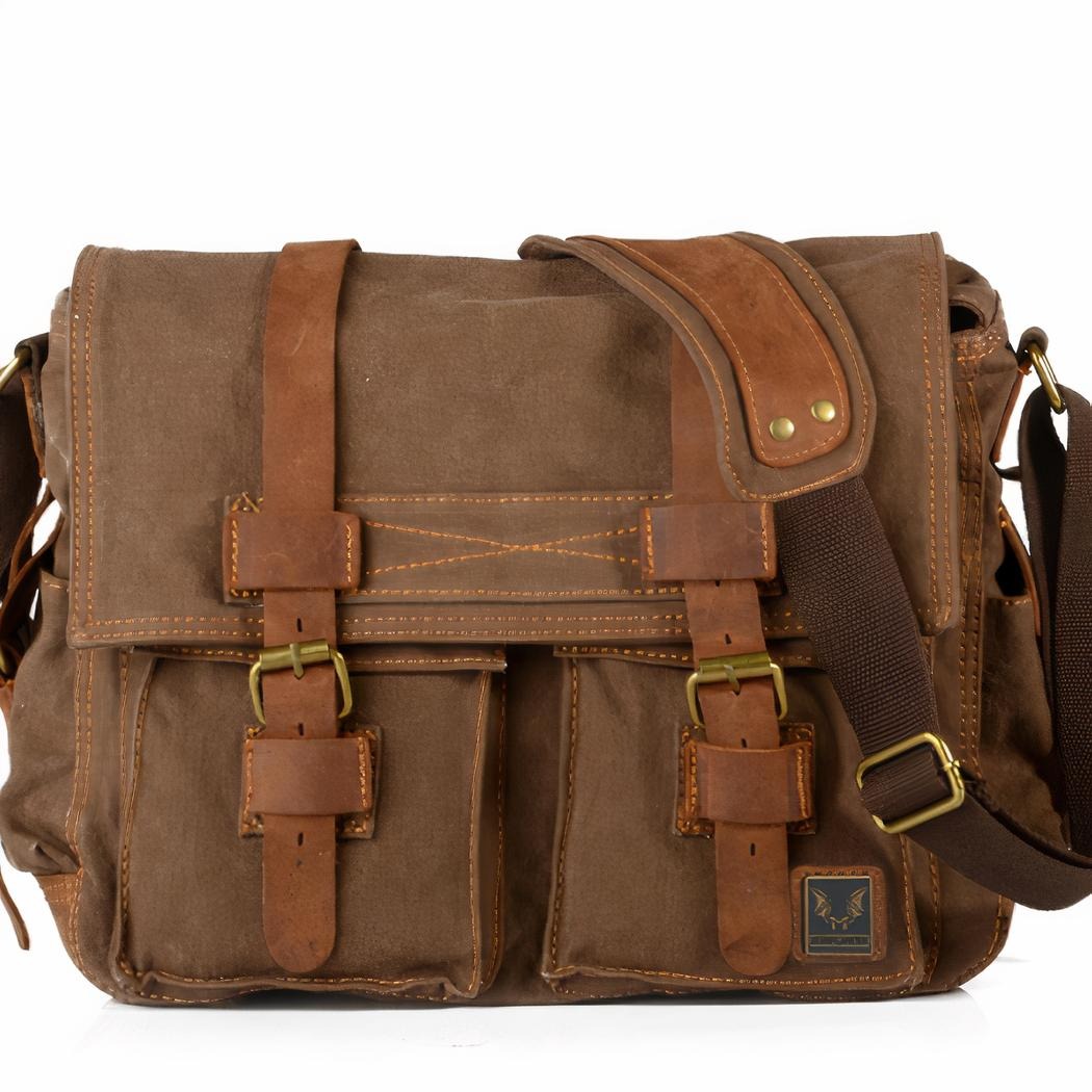 Men's Canvas Messenger Backpack with Leather Trim