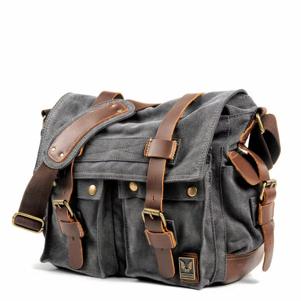 Men's Canvas Messenger Backpack with Leather Trim
