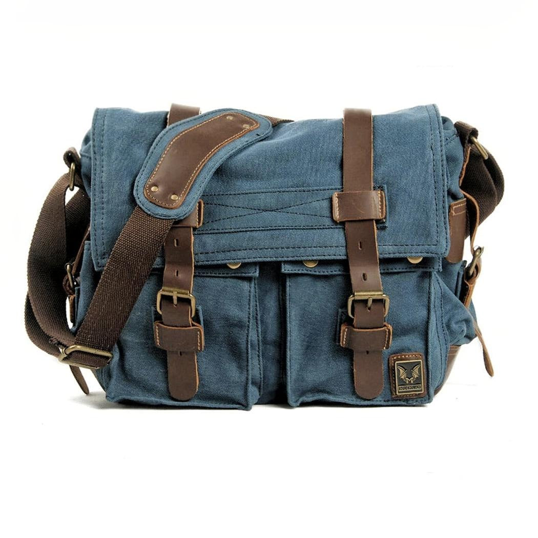 Men's Canvas Messenger Backpack with Leather Trim